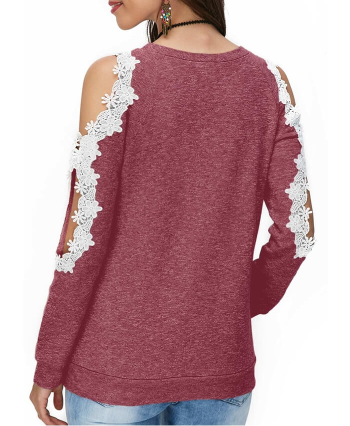 Cold Shoulder Lace Panel Wine Red Blouse